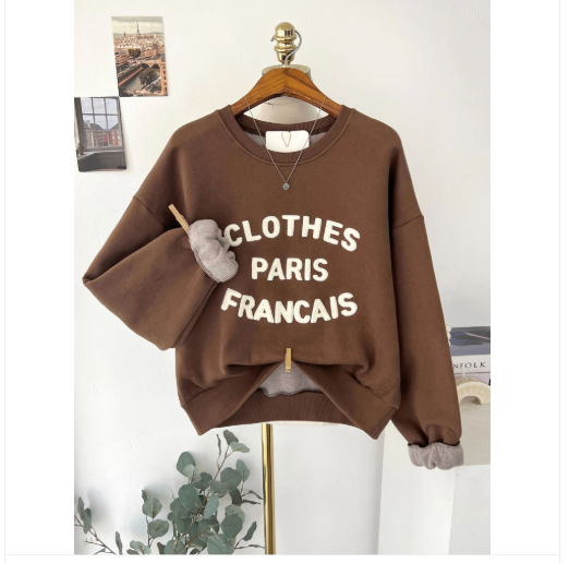 [기모 맨투맨] 부클 자수 캐주얼 양기모 크롭 맨투맨 French Boucle Embroidered Cropped Sweatshirt