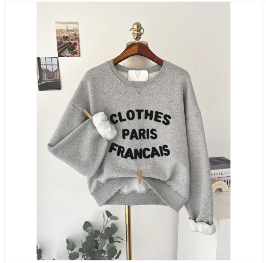 [기모 맨투맨] 부클 자수 캐주얼 양기모 크롭 맨투맨 French Boucle Embroidered Cropped Sweatshirt