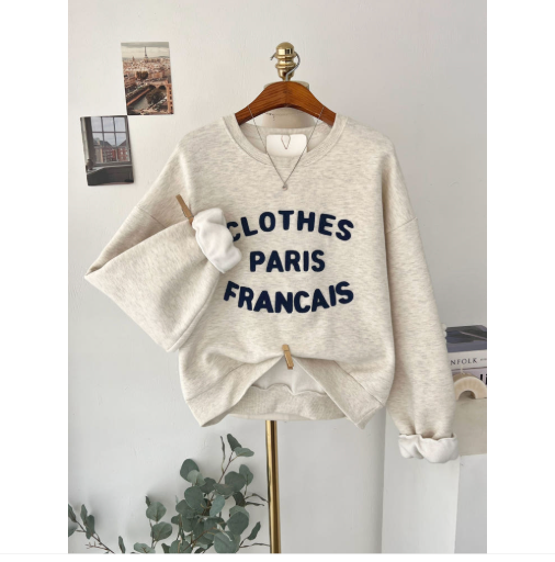 [기모 맨투맨] 부클 자수 캐주얼 양기모 크롭 맨투맨 French Boucle Embroidered Cropped Sweatshirt