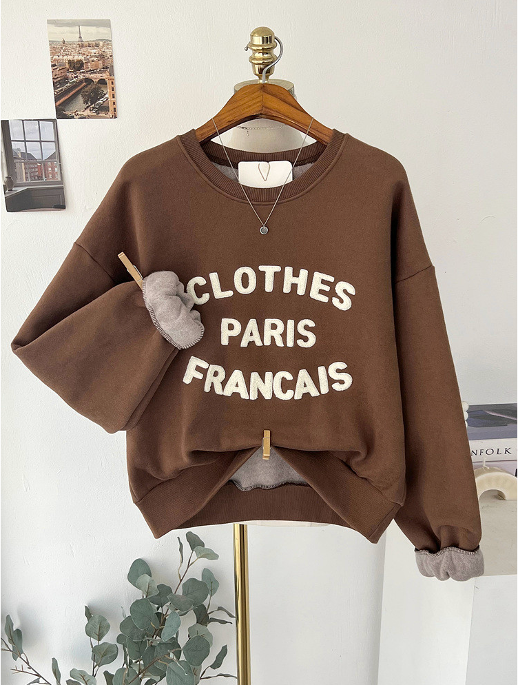 [기모 맨투맨] 부클 자수 캐주얼 양기모 크롭 맨투맨 French Boucle Embroidered Cropped Sweatshirt
