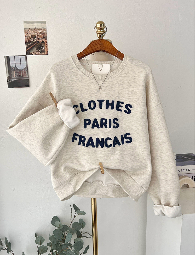 [기모 맨투맨] 부클 자수 캐주얼 양기모 크롭 맨투맨 French Boucle Embroidered Cropped Sweatshirt