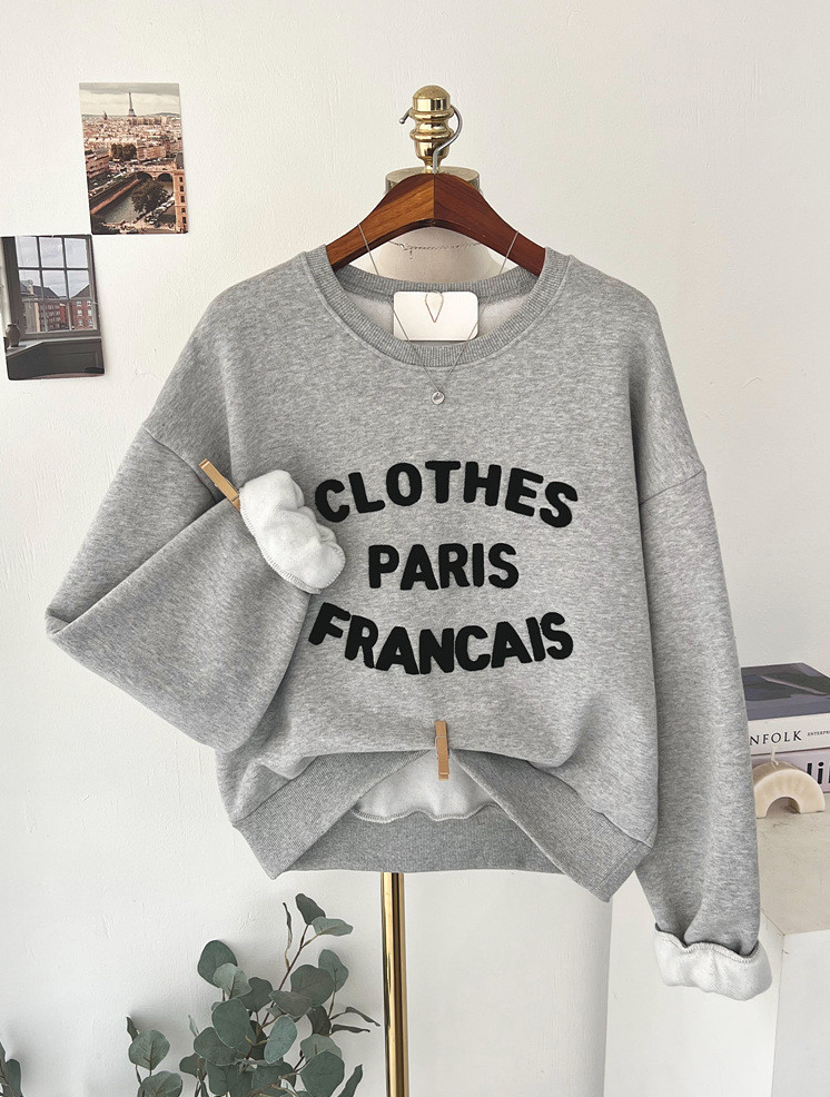 [기모 맨투맨] 부클 자수 캐주얼 양기모 크롭 맨투맨 French Boucle Embroidered Cropped Sweatshirt
