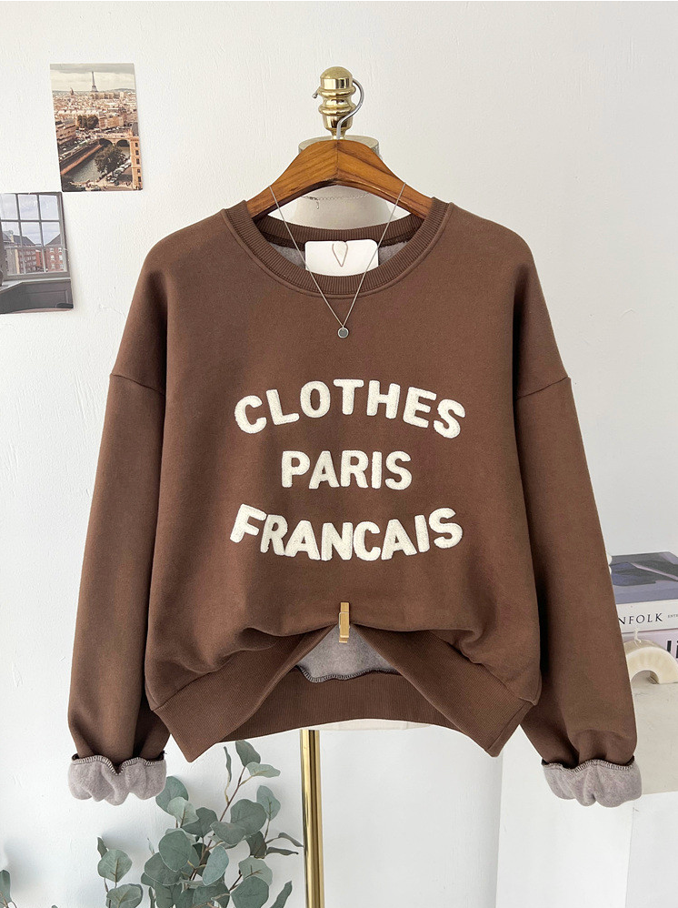 [기모 맨투맨] 부클 자수 캐주얼 양기모 크롭 맨투맨 French Boucle Embroidered Cropped Sweatshirt