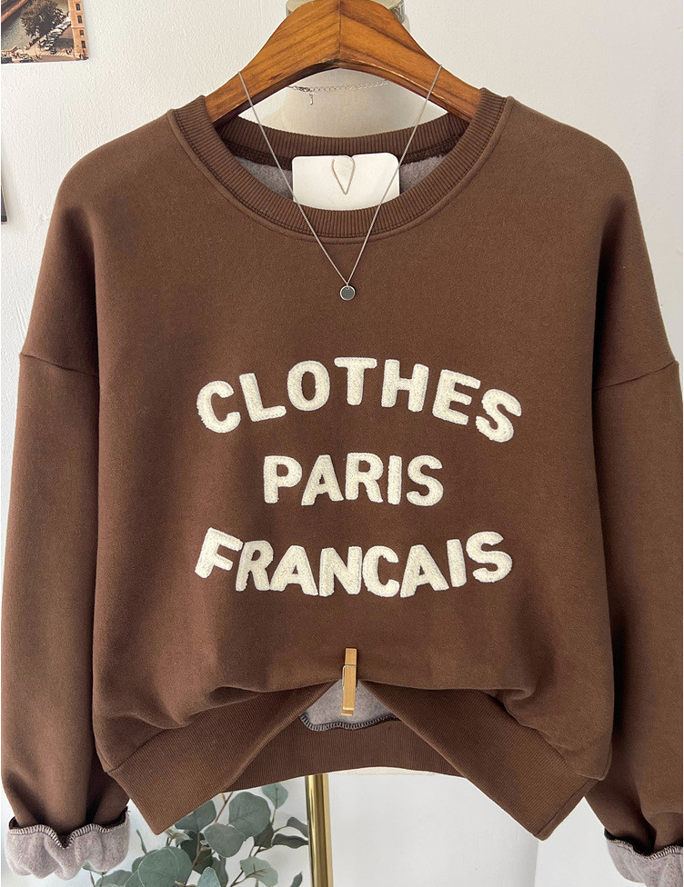 [기모 맨투맨] 부클 자수 캐주얼 양기모 크롭 맨투맨 French Boucle Embroidered Cropped Sweatshirt