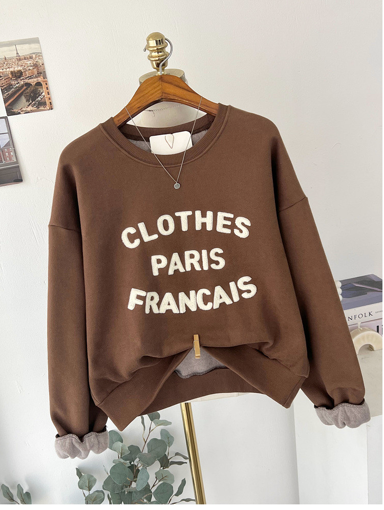 [기모 맨투맨] 부클 자수 캐주얼 양기모 크롭 맨투맨 French Boucle Embroidered Cropped Sweatshirt