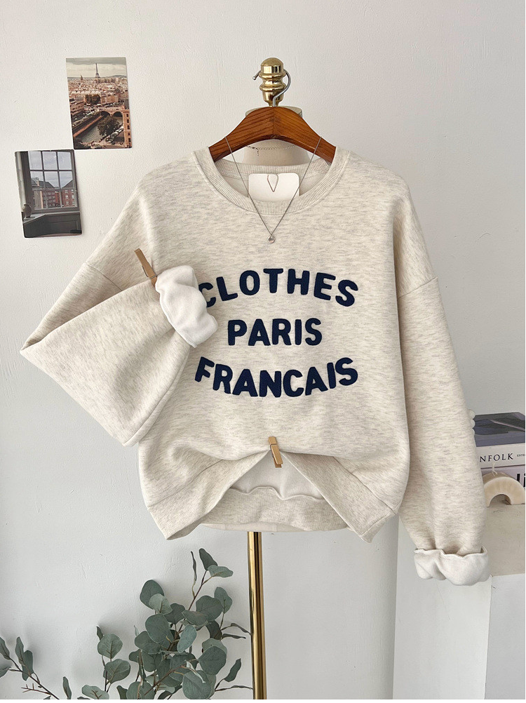 [기모 맨투맨] 부클 자수 캐주얼 양기모 크롭 맨투맨 French Boucle Embroidered Cropped Sweatshirt
