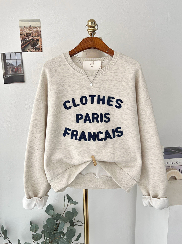 [기모 맨투맨] 부클 자수 캐주얼 양기모 크롭 맨투맨 French Boucle Embroidered Cropped Sweatshirt