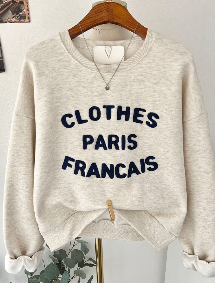 [기모 맨투맨] 부클 자수 캐주얼 양기모 크롭 맨투맨 French Boucle Embroidered Cropped Sweatshirt