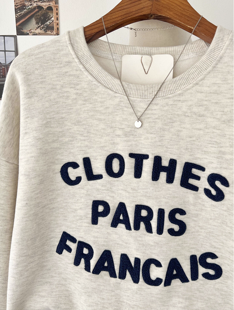 [기모 맨투맨] 부클 자수 캐주얼 양기모 크롭 맨투맨 French Boucle Embroidered Cropped Sweatshirt