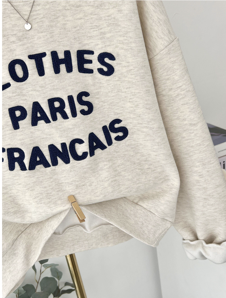 [기모 맨투맨] 부클 자수 캐주얼 양기모 크롭 맨투맨 French Boucle Embroidered Cropped Sweatshirt