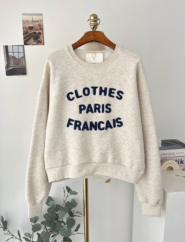 [기모 맨투맨] 부클 자수 캐주얼 양기모 크롭 맨투맨 French Boucle Embroidered Cropped Sweatshirt
