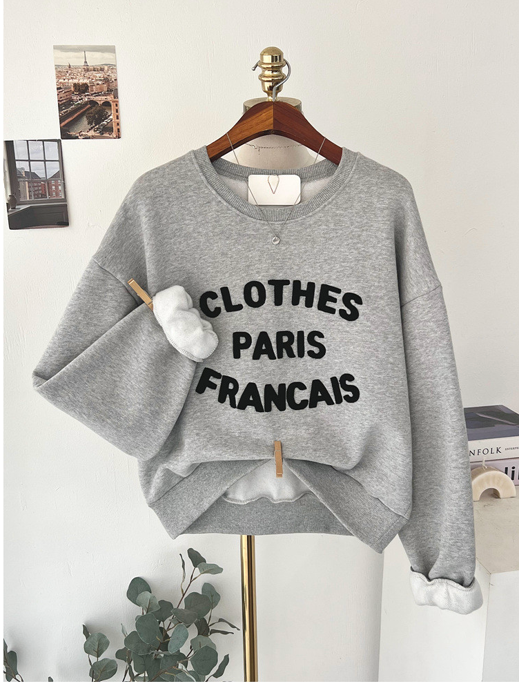 [기모 맨투맨] 부클 자수 캐주얼 양기모 크롭 맨투맨 French Boucle Embroidered Cropped Sweatshirt