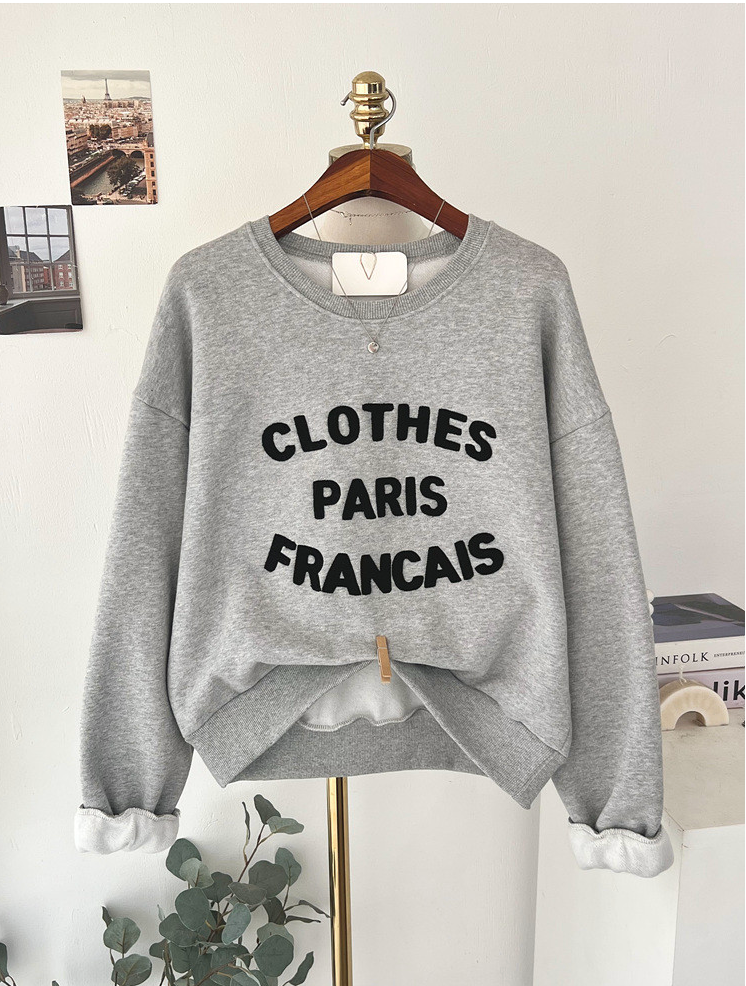 [기모 맨투맨] 부클 자수 캐주얼 양기모 크롭 맨투맨 French Boucle Embroidered Cropped Sweatshirt