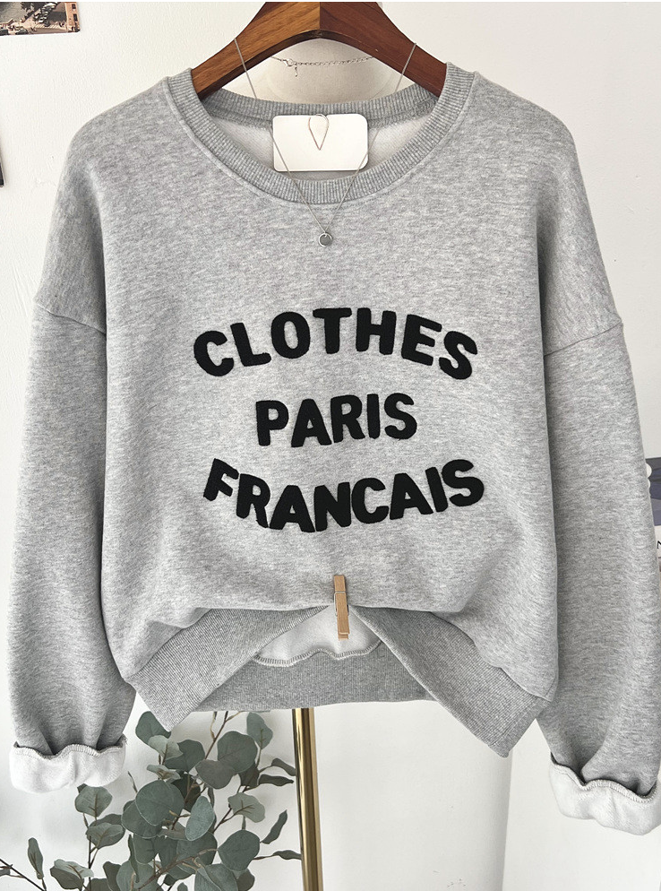 [기모 맨투맨] 부클 자수 캐주얼 양기모 크롭 맨투맨 French Boucle Embroidered Cropped Sweatshirt