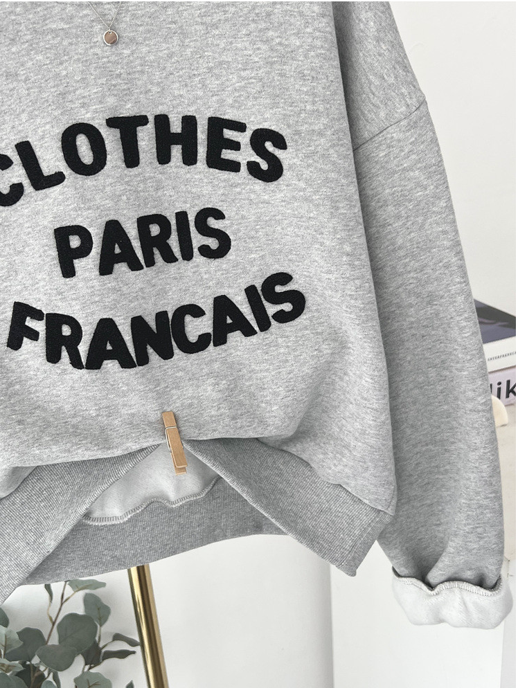 [기모 맨투맨] 부클 자수 캐주얼 양기모 크롭 맨투맨 French Boucle Embroidered Cropped Sweatshirt