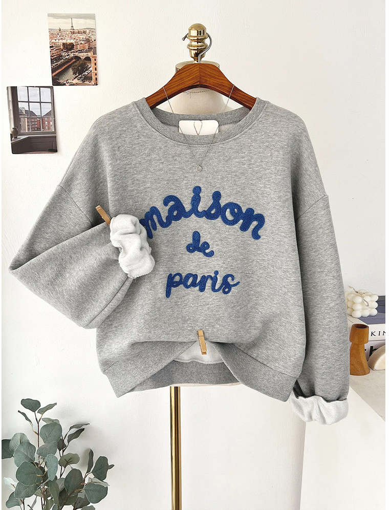 [기모 맨투맨] 메종 레터링 부클 자수 양기모 크롭 맨투맨 티셔츠 Melange Lettering Bouclé Embroidered Brushed Sweatshirt