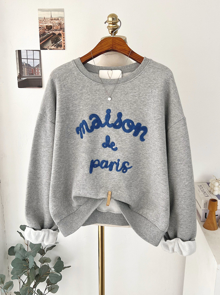 [기모 맨투맨] 메종 레터링 부클 자수 양기모 크롭 맨투맨 티셔츠 Melange Lettering Bouclé Embroidered Brushed Sweatshirt