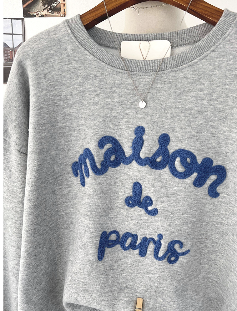 [기모 맨투맨] 메종 레터링 부클 자수 양기모 크롭 맨투맨 티셔츠 Melange Lettering Bouclé Embroidered Brushed Sweatshirt
