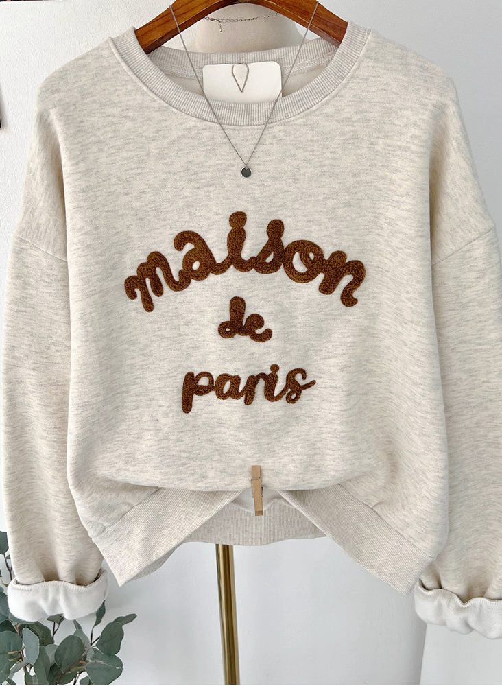 [기모 맨투맨] 메종 레터링 부클 자수 양기모 크롭 맨투맨 티셔츠 Melange Lettering Bouclé Embroidered Brushed Sweatshirt