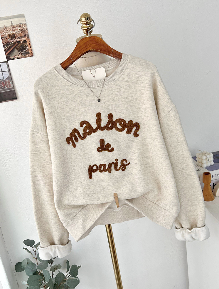 [기모 맨투맨] 메종 레터링 부클 자수 양기모 크롭 맨투맨 티셔츠 Melange Lettering Bouclé Embroidered Brushed Sweatshirt