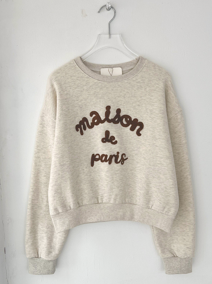 [기모 맨투맨] 메종 레터링 부클 자수 양기모 크롭 맨투맨 티셔츠 Melange Lettering Bouclé Embroidered Brushed Sweatshirt