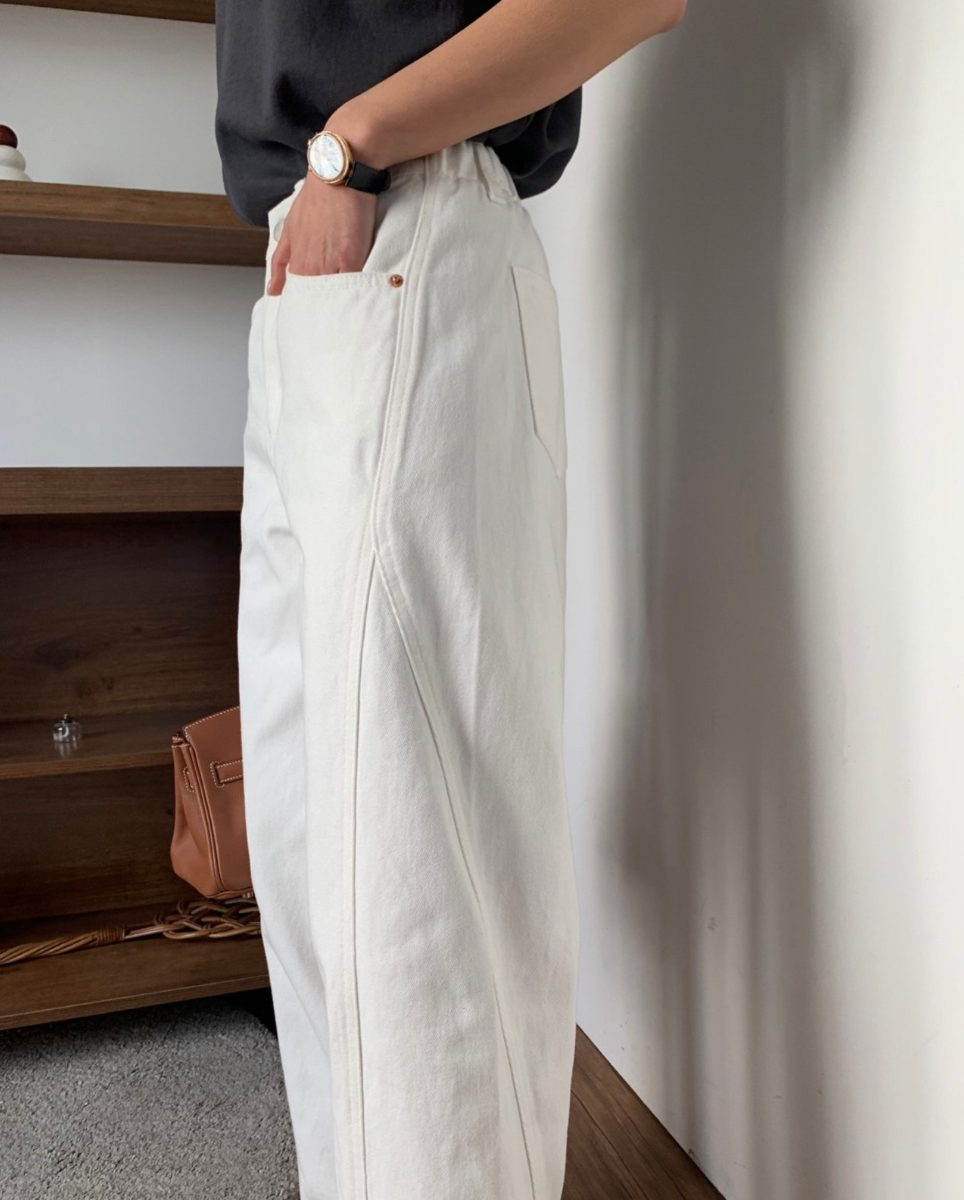 🌸 26ss봄신상🌸 럭키룸 뒷밴딩 화이트 쌍침 면 100%팬츠 🤍 Back-Banding White Cotton Pants