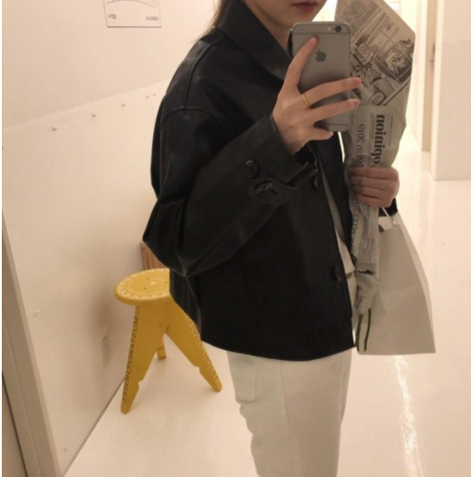 🍂🏍️[PU 가죽자켓]싱글 카라 베이직 무광 레더 숏자켓 – 데일리 미니멀 가죽 자켓 / Single Collar Basic Leather Short Jacket – Everyday Minimal Faux Leather Jacket