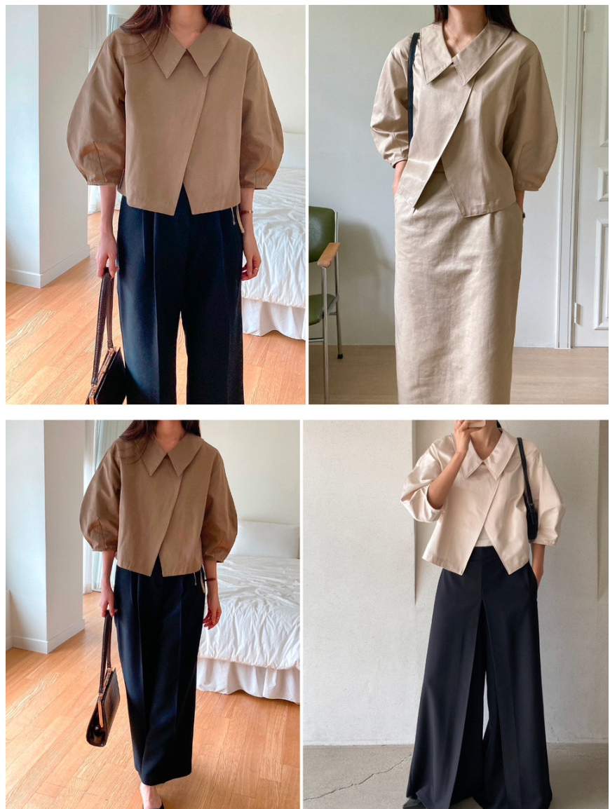 🛍️🌼26SS 볼륨 퍼프 소매 사선 카라 크롭 자켓🌼 – 블라우스형 부티끄 유니크 자켓 / 26SS Volume Puff Sleeve Asymmetrical Collar Cropped Jacket – Boutique Blouse-Style Jacket