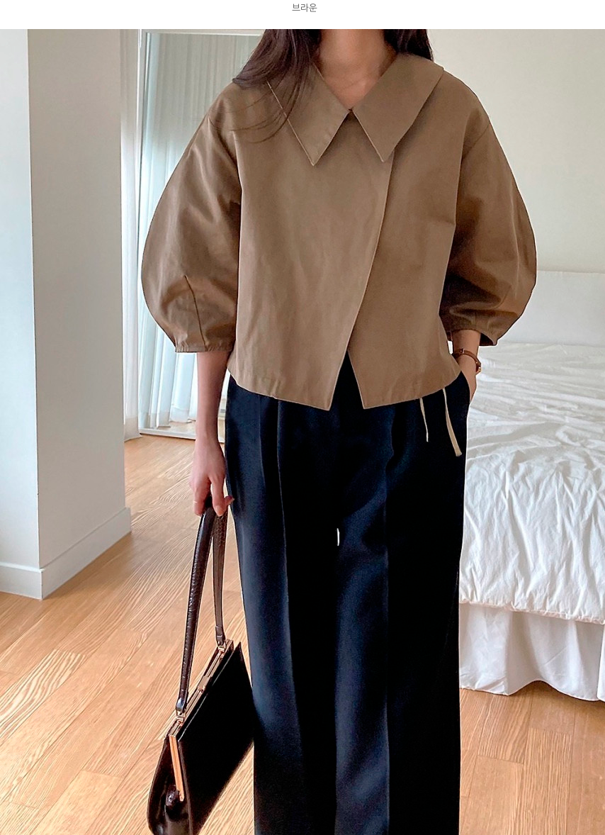 🛍️🌼26SS 볼륨 퍼프 소매 사선 카라 크롭 자켓🌼 – 블라우스형 부티끄 유니크 자켓 / 26SS Volume Puff Sleeve Asymmetrical Collar Cropped Jacket – Boutique Blouse-Style Jacket