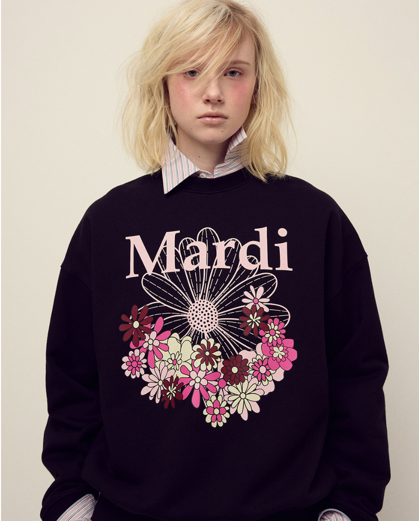 🌺[마르디 메크르디] 🌺 SWEATSHIRT FLOWERMARDI JARDIN_BLACK PALEPINK / Mardi Mercredi Sweatshirt Flowermardi Jardin Black Pale Pink