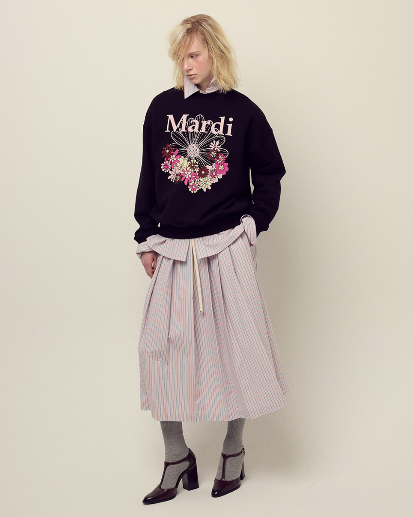 🌺[마르디 메크르디] 🌺 SWEATSHIRT FLOWERMARDI JARDIN_BLACK PALEPINK / Mardi Mercredi Sweatshirt Flowermardi Jardin Black Pale Pink