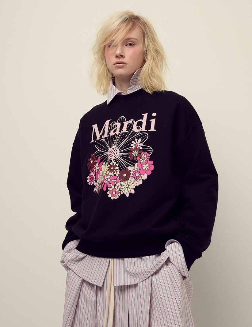 🌺[마르디 메크르디] 🌺 SWEATSHIRT FLOWERMARDI JARDIN_BLACK PALEPINK / Mardi Mercredi Sweatshirt Flowermardi Jardin Black Pale Pink