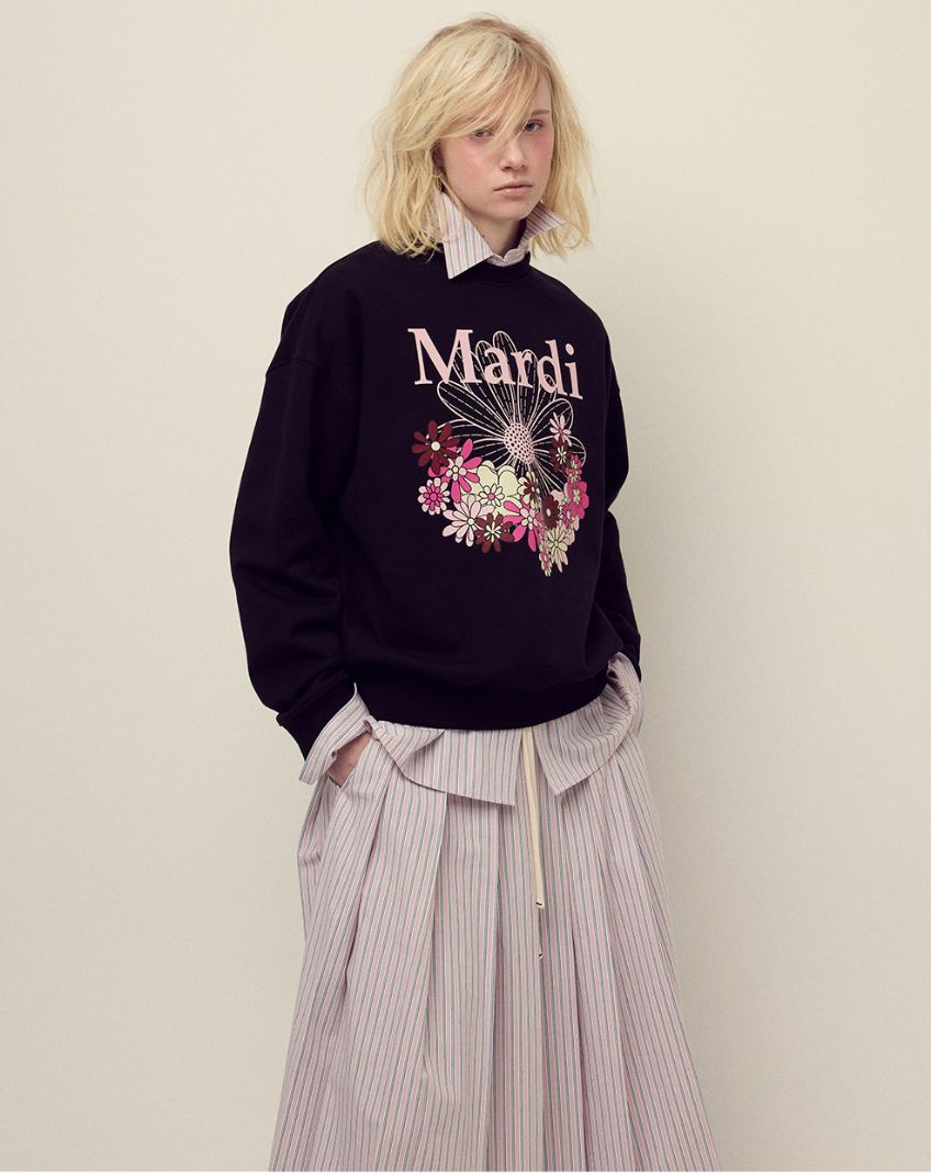 🌺[마르디 메크르디] 🌺 SWEATSHIRT FLOWERMARDI JARDIN_BLACK PALEPINK / Mardi Mercredi Sweatshirt Flowermardi Jardin Black Pale Pink