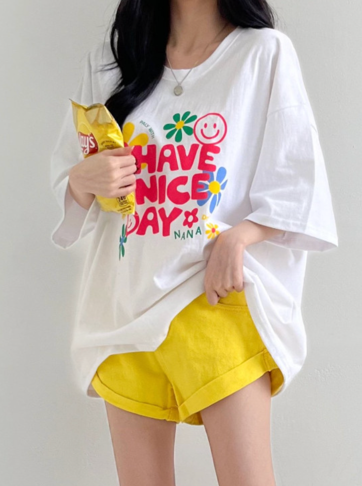 ☀️[여름 루즈핏 저렴 반팔티] ☀️해브 나이스 데이  빵긋 루즈핏 반팔티 / HAVE A NICE DAY Oversized Summer T-Shirt