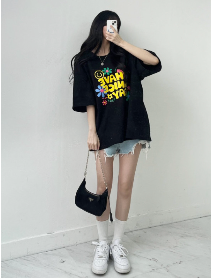 ☀️[여름 루즈핏 저렴 반팔티] ☀️해브 나이스 데이  빵긋 루즈핏 반팔티 / HAVE A NICE DAY Oversized Summer T-Shirt