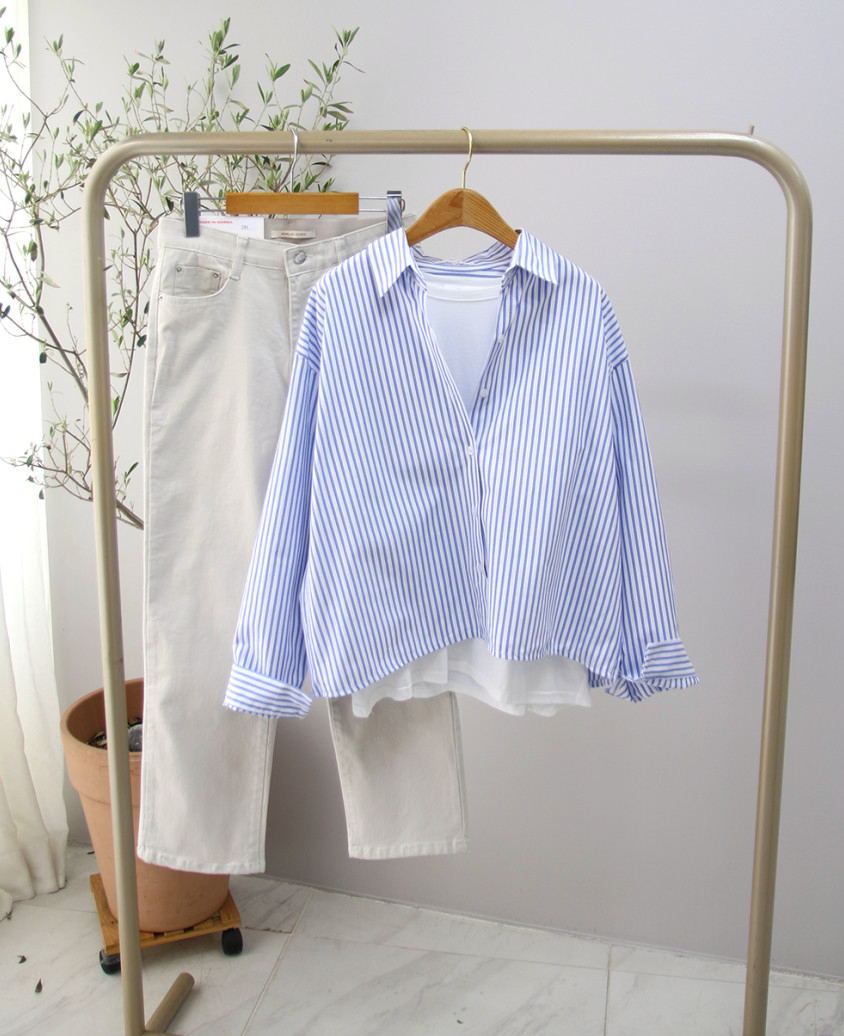 🌸✨ 26봄신상 백자수 포인트 스트라이프 루즈핏 셔츠 ✨🌿 26 Spring Embroidered Stripe Shirt