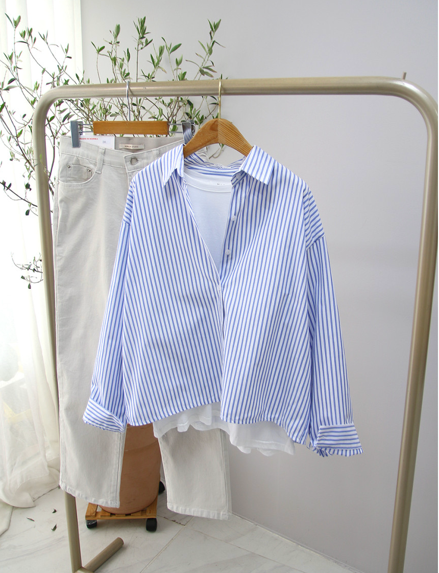 🌸✨ 26봄신상 백자수 포인트 스트라이프 루즈핏 셔츠 ✨🌿 26 Spring Embroidered Stripe Shirt