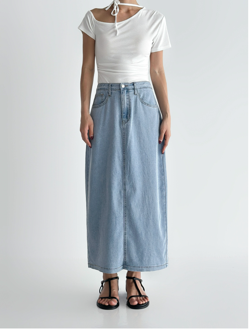 ✨👖 2026 여름신상 텐셀70% 인밴딩 뒷트임 데님 롱스커트 부드러운 쿨링 소재 슬림핏 편안한 착용감 흑청 그레이 중청 연청 Summer Tencel Denim Skirt Elastic Waist Back Slit Soft Lightweight 👖✨