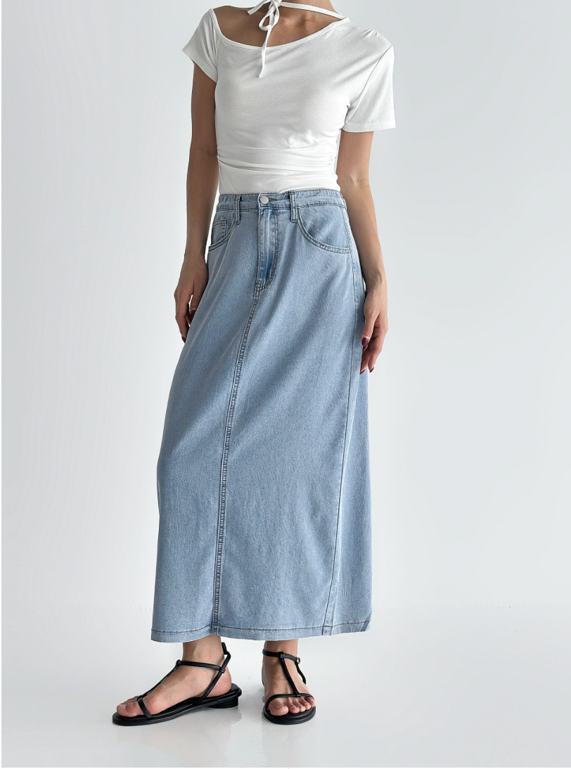 ✨👖 2026 여름신상 텐셀70% 인밴딩 뒷트임 데님 롱스커트 부드러운 쿨링 소재 슬림핏 편안한 착용감 흑청 그레이 중청 연청 Summer Tencel Denim Skirt Elastic Waist Back Slit Soft Lightweight 👖✨