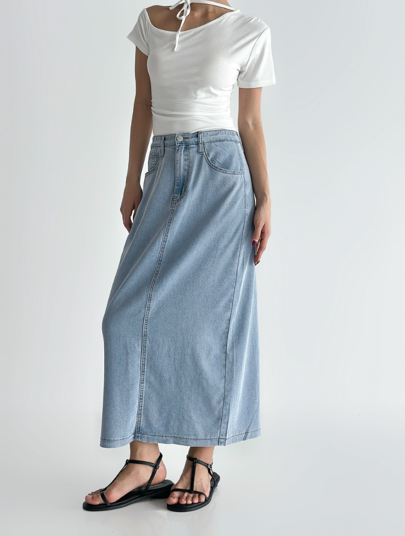 ✨👖 2026 여름신상 텐셀70% 인밴딩 뒷트임 데님 롱스커트 부드러운 쿨링 소재 슬림핏 편안한 착용감 흑청 그레이 중청 연청 Summer Tencel Denim Skirt Elastic Waist Back Slit Soft Lightweight 👖✨