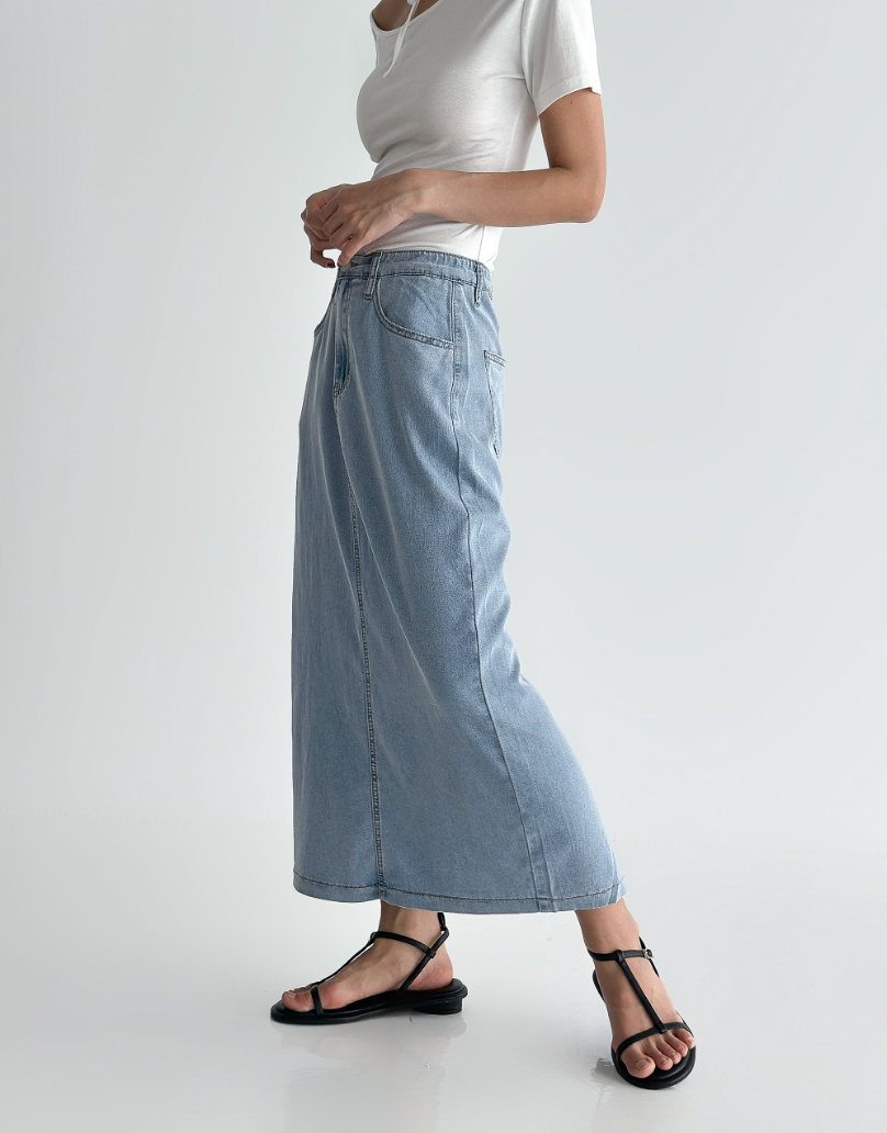✨👖 2026 여름신상 텐셀70% 인밴딩 뒷트임 데님 롱스커트 부드러운 쿨링 소재 슬림핏 편안한 착용감 흑청 그레이 중청 연청 Summer Tencel Denim Skirt Elastic Waist Back Slit Soft Lightweight 👖✨