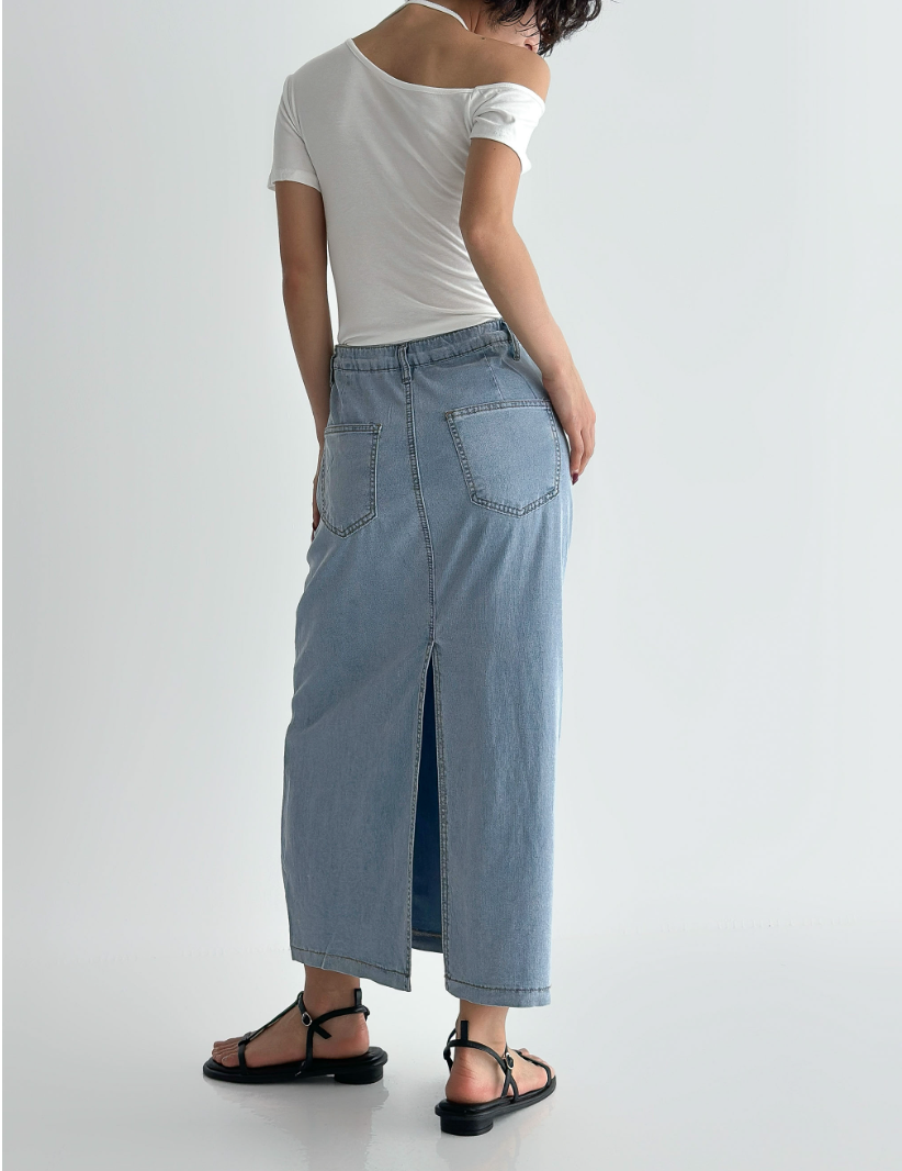 ✨👖 2026 여름신상 텐셀70% 인밴딩 뒷트임 데님 롱스커트 부드러운 쿨링 소재 슬림핏 편안한 착용감 흑청 그레이 중청 연청 Summer Tencel Denim Skirt Elastic Waist Back Slit Soft Lightweight 👖✨