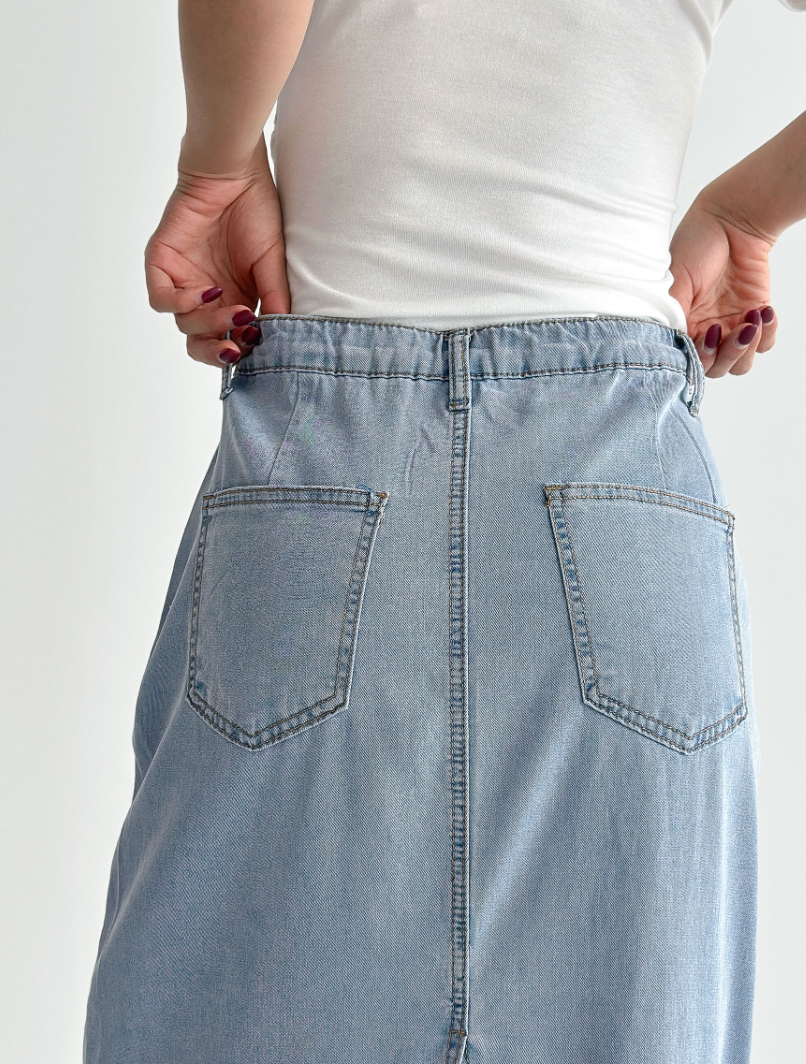 ✨👖 2026 여름신상 텐셀70% 인밴딩 뒷트임 데님 롱스커트 부드러운 쿨링 소재 슬림핏 편안한 착용감 흑청 그레이 중청 연청 Summer Tencel Denim Skirt Elastic Waist Back Slit Soft Lightweight 👖✨