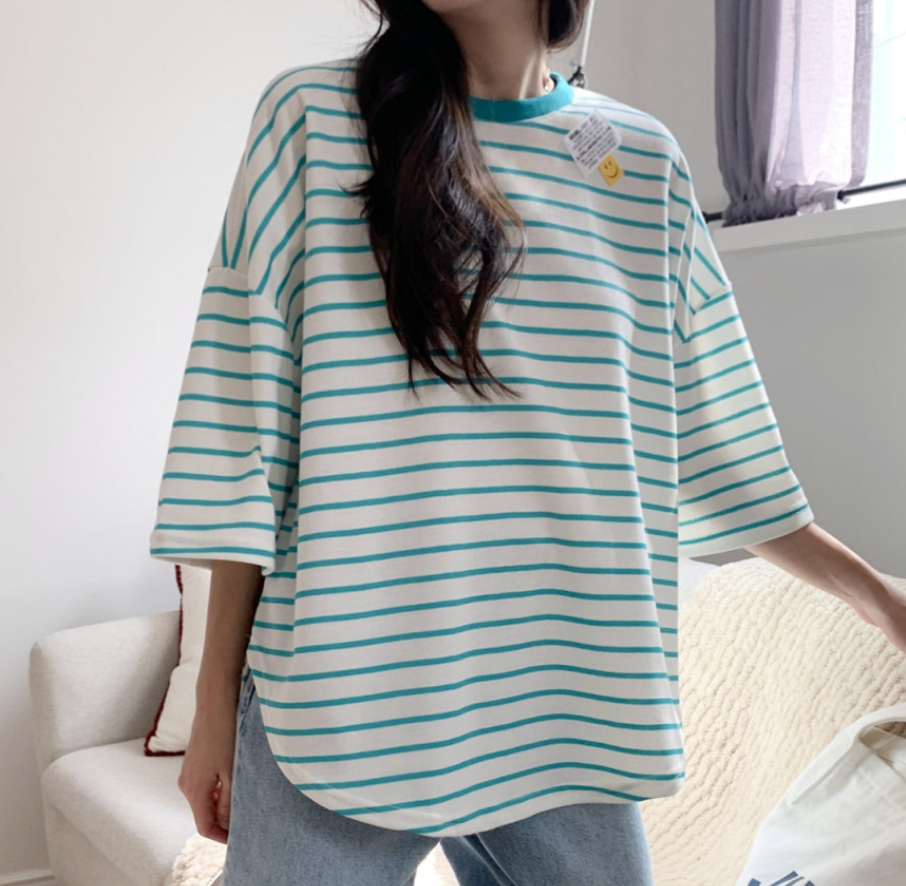 ✨😊 스마일 단가라 스트라이프 박스핏 반팔 티셔츠 루즈핏 빅사이즈 여유핏 데일리티 블랙 그레이 민트 Smile Stripe Oversized Boxy T-Shirt 😊✨