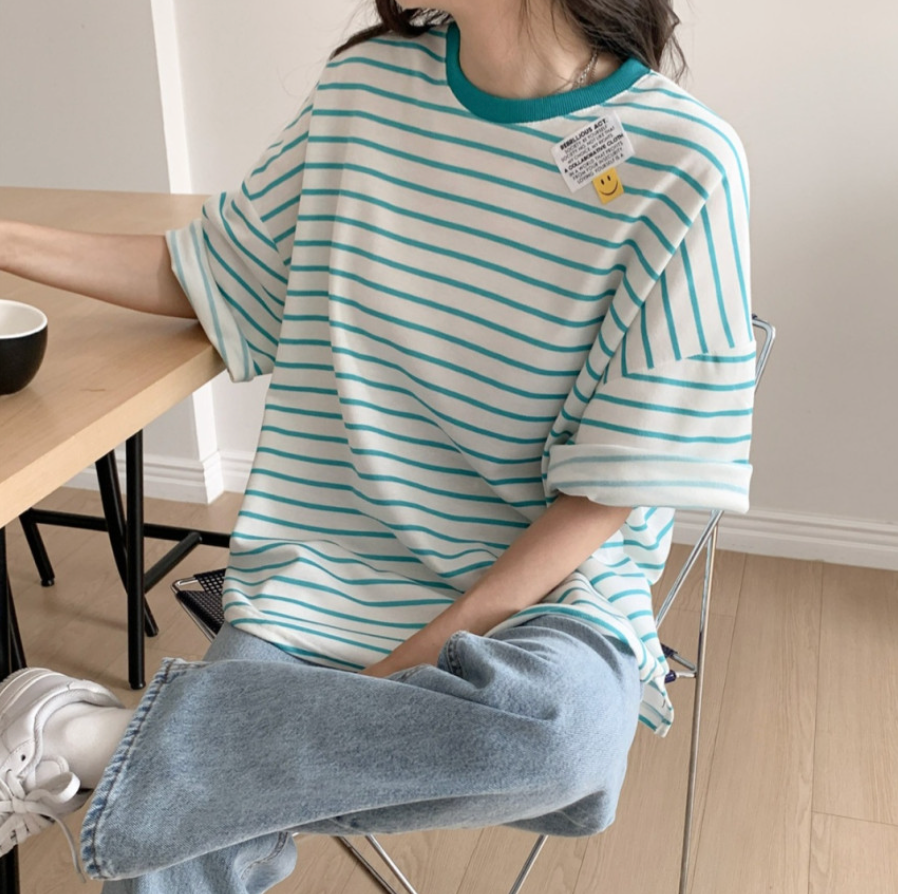 ✨😊 스마일 단가라 스트라이프 박스핏 반팔 티셔츠 루즈핏 빅사이즈 여유핏 데일리티 블랙 그레이 민트 Smile Stripe Oversized Boxy T-Shirt 😊✨