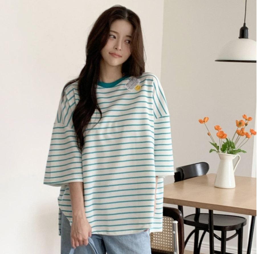 ✨😊 스마일 단가라 스트라이프 박스핏 반팔 티셔츠 루즈핏 빅사이즈 여유핏 데일리티 블랙 그레이 민트 Smile Stripe Oversized Boxy T-Shirt 😊✨