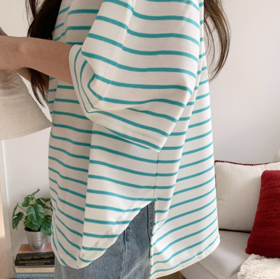 ✨😊 스마일 단가라 스트라이프 박스핏 반팔 티셔츠 루즈핏 빅사이즈 여유핏 데일리티 블랙 그레이 민트 Smile Stripe Oversized Boxy T-Shirt 😊✨