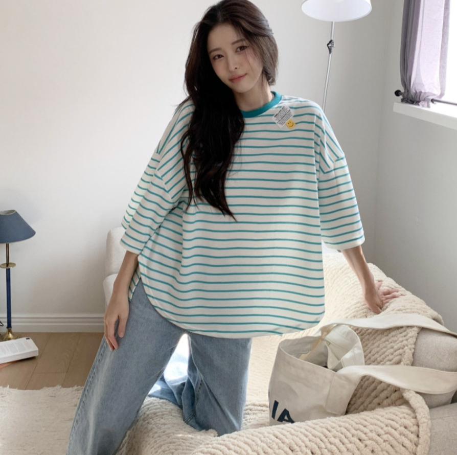 ✨😊 스마일 단가라 스트라이프 박스핏 반팔 티셔츠 루즈핏 빅사이즈 여유핏 데일리티 블랙 그레이 민트 Smile Stripe Oversized Boxy T-Shirt 😊✨