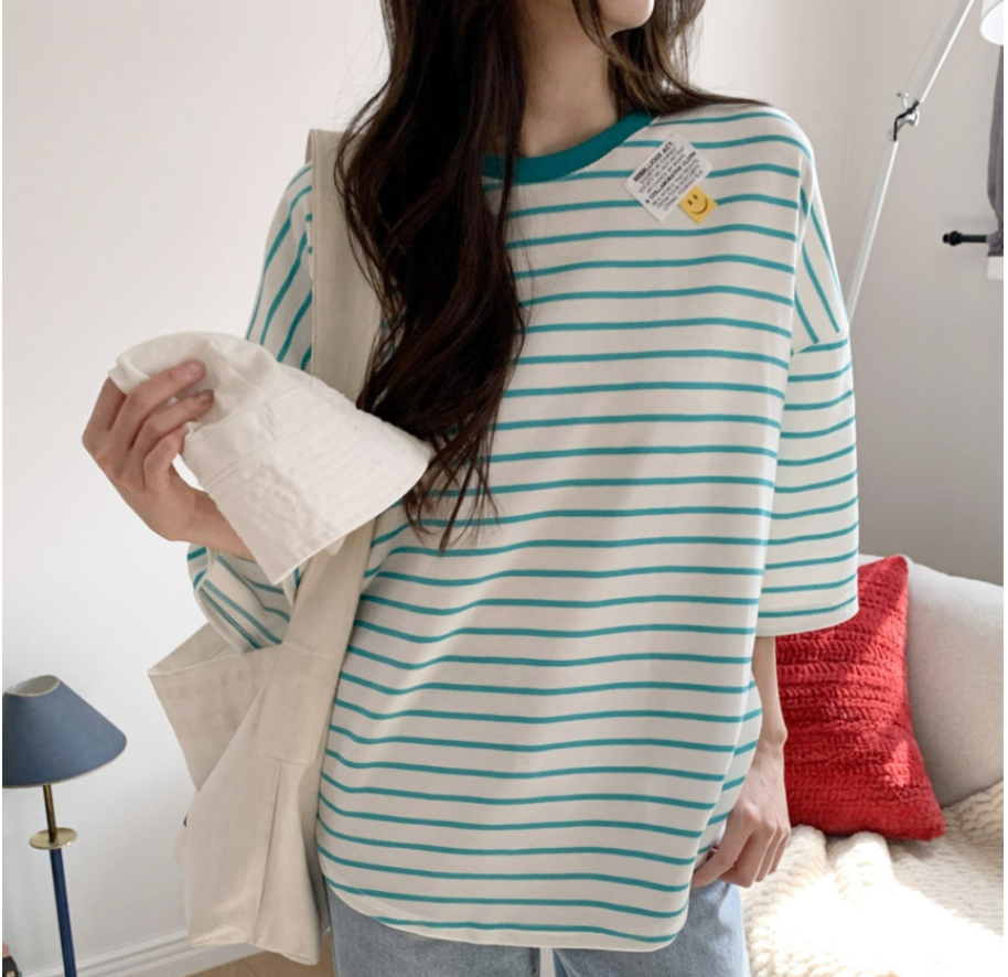 ✨😊 스마일 단가라 스트라이프 박스핏 반팔 티셔츠 루즈핏 빅사이즈 여유핏 데일리티 블랙 그레이 민트 Smile Stripe Oversized Boxy T-Shirt 😊✨