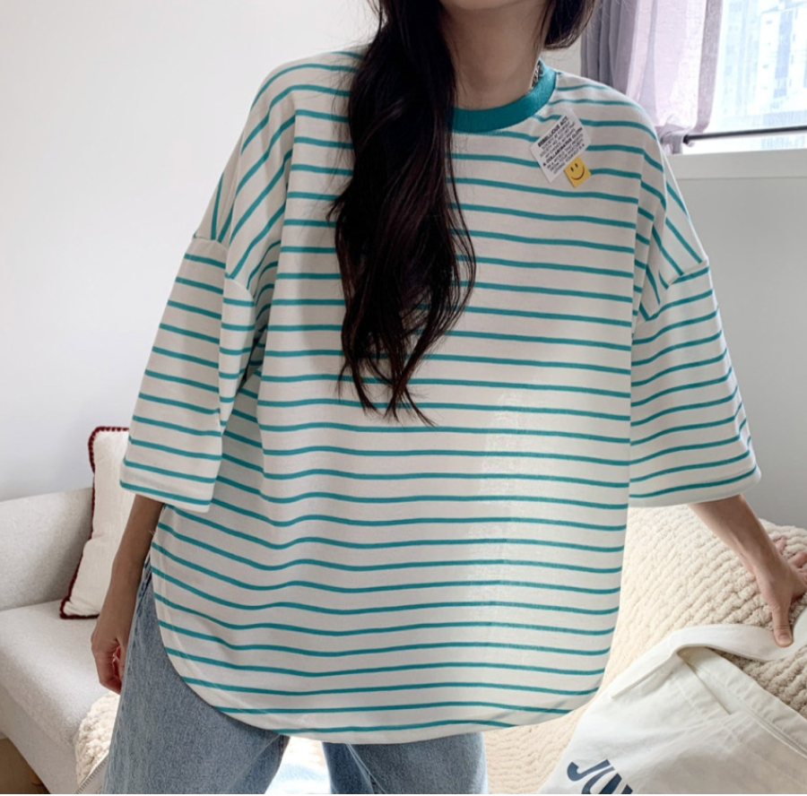 ✨😊 스마일 단가라 스트라이프 박스핏 반팔 티셔츠 루즈핏 빅사이즈 여유핏 데일리티 블랙 그레이 민트 Smile Stripe Oversized Boxy T-Shirt 😊✨